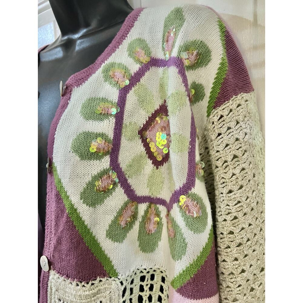 Vintage Storybook Knits Geometric Patchwork Cardigan Sweater XL Cottagecore - Picture 10 of 14